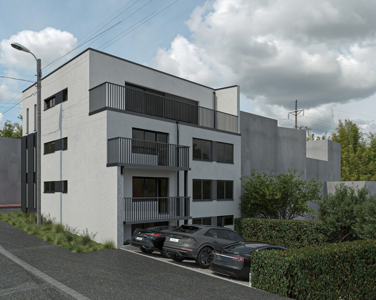 Vue perspective de l’extension et de la surélévation d’un immeuble de 3 appartements à Saint-Nicolas, près de Liège.