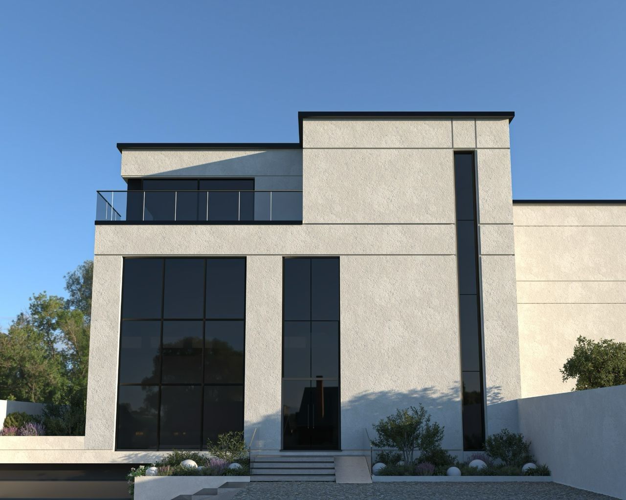 Vue de face à hauteur d’homme de la façade avant du concept initial d’un complexe multifonctionnel à Liège, avec crépi clair, grandes baies vitrées et volumes contemporains.