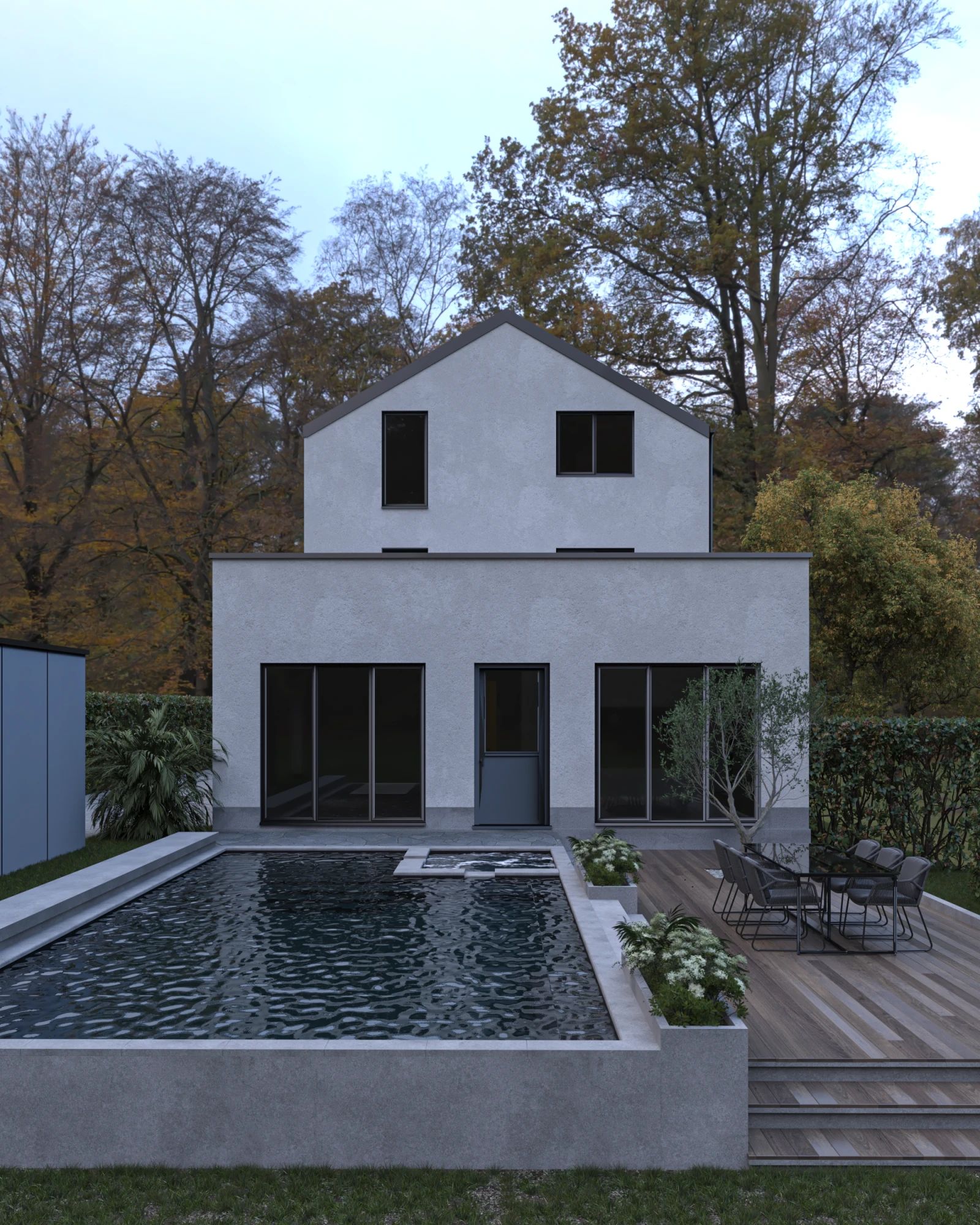 Vue frontale en rendu 3D de l’arrière du projet résidentiel à Hamme, avec piscine, terrasse et façade enduite aux menuiseries foncées.