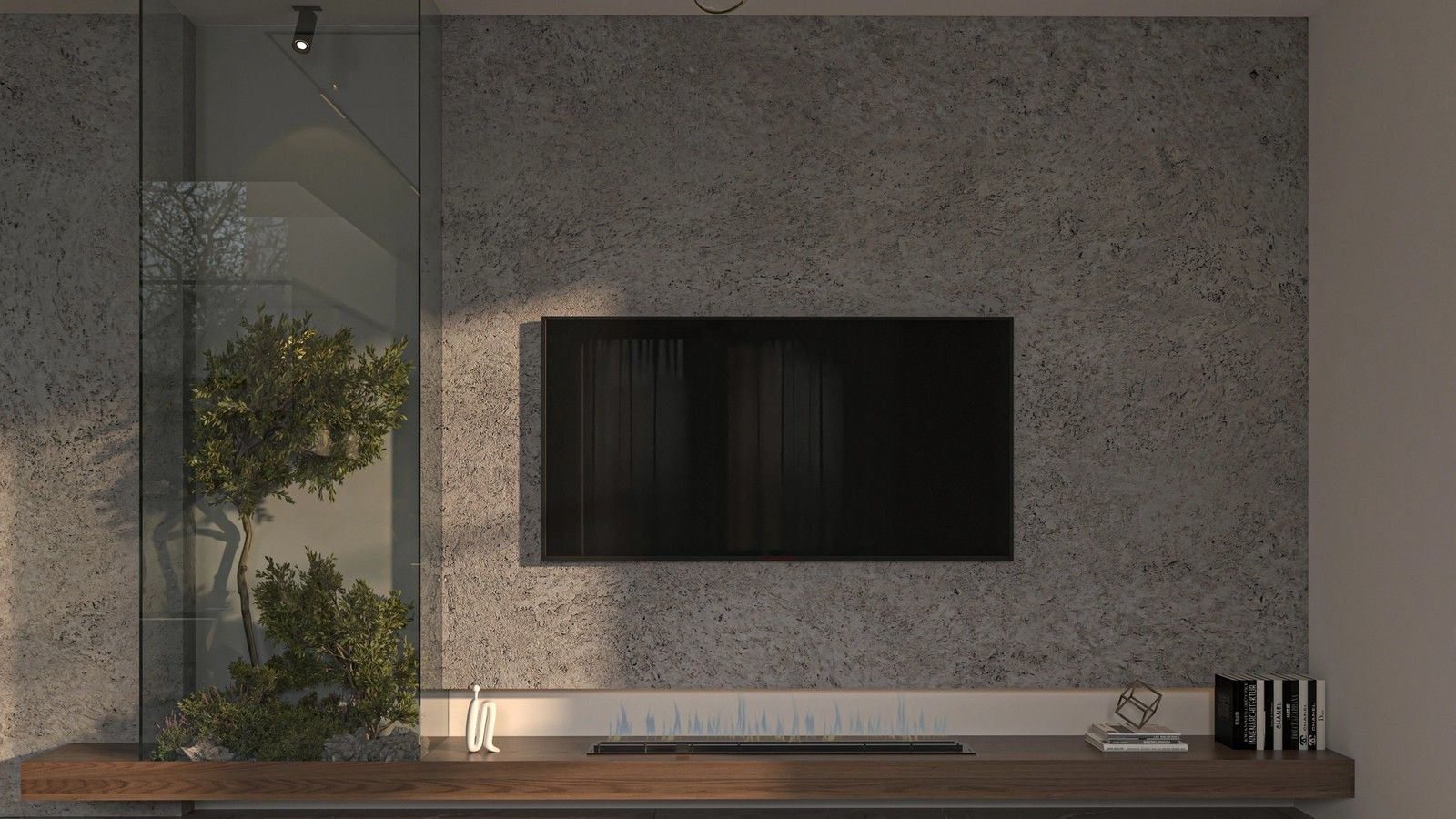 Vue du mur TV d’un appartement contemporain à Verviers, avec finition minérale, cheminée linéaire intégrée, meuble bas en bois et niche végétalisée vitrée.