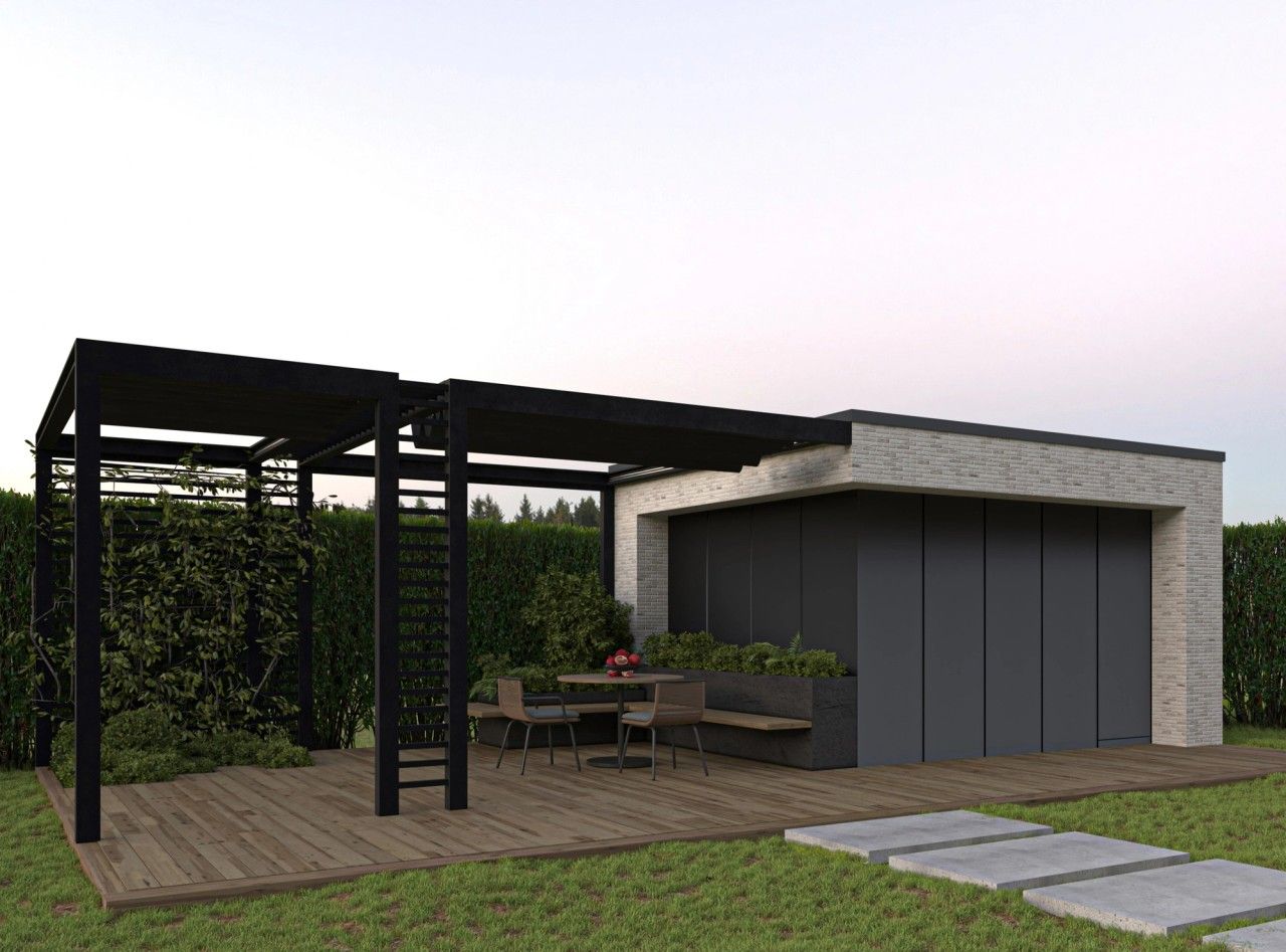 Abri de jardin contemporain à Juprelle avec terrasse en bois, pergola noire, espace repas extérieur et aménagement paysager intégré.