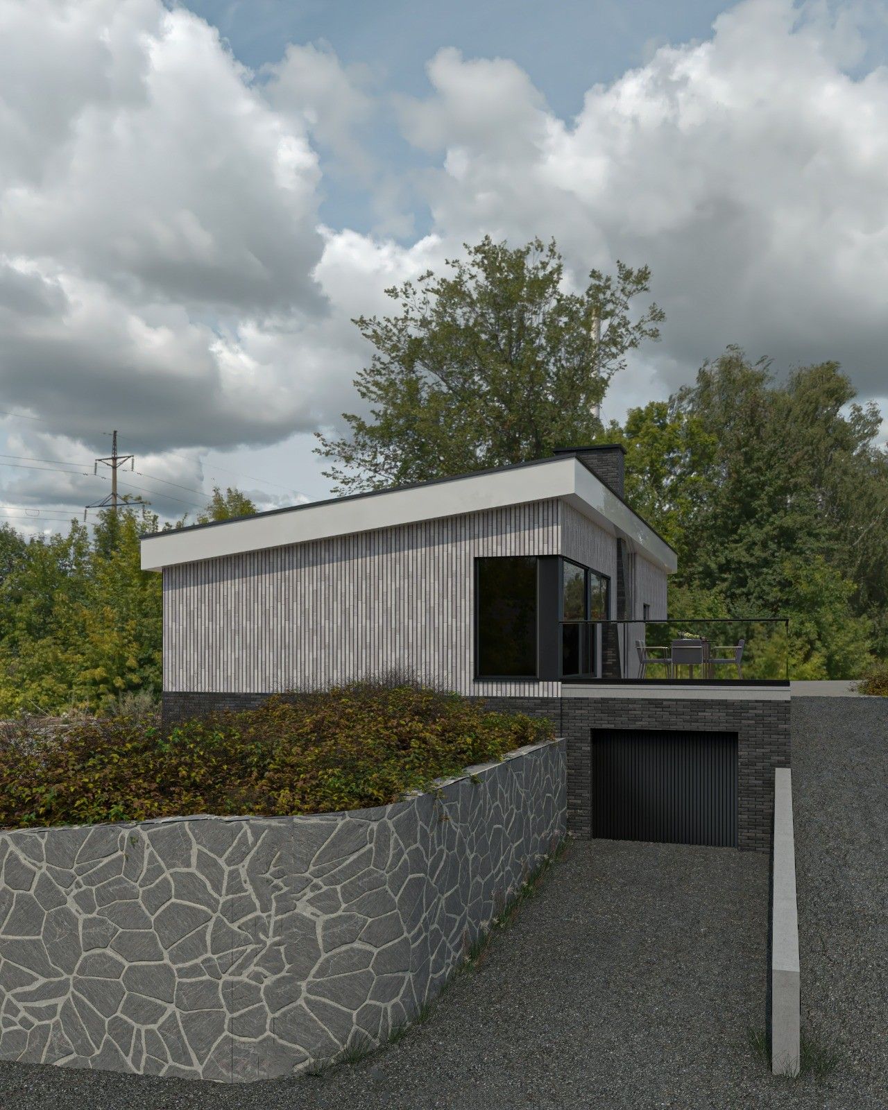 Vue de la façade avant d’une maison rénovée à Remicourt, avec parement en briques claires verticales, éléments anthracite, terrasse vitrée et rampe d’accès au garage en sous-sol.