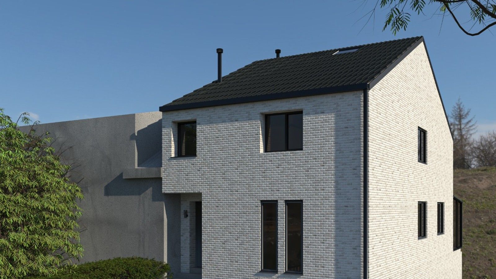 Vue en perspective de la façade avant d’une maison unifamiliale contemporaine à Haccourt, avec briques gris clair, toiture à deux versants, entrée surélevée et rampe vers le garage en sous-sol.
