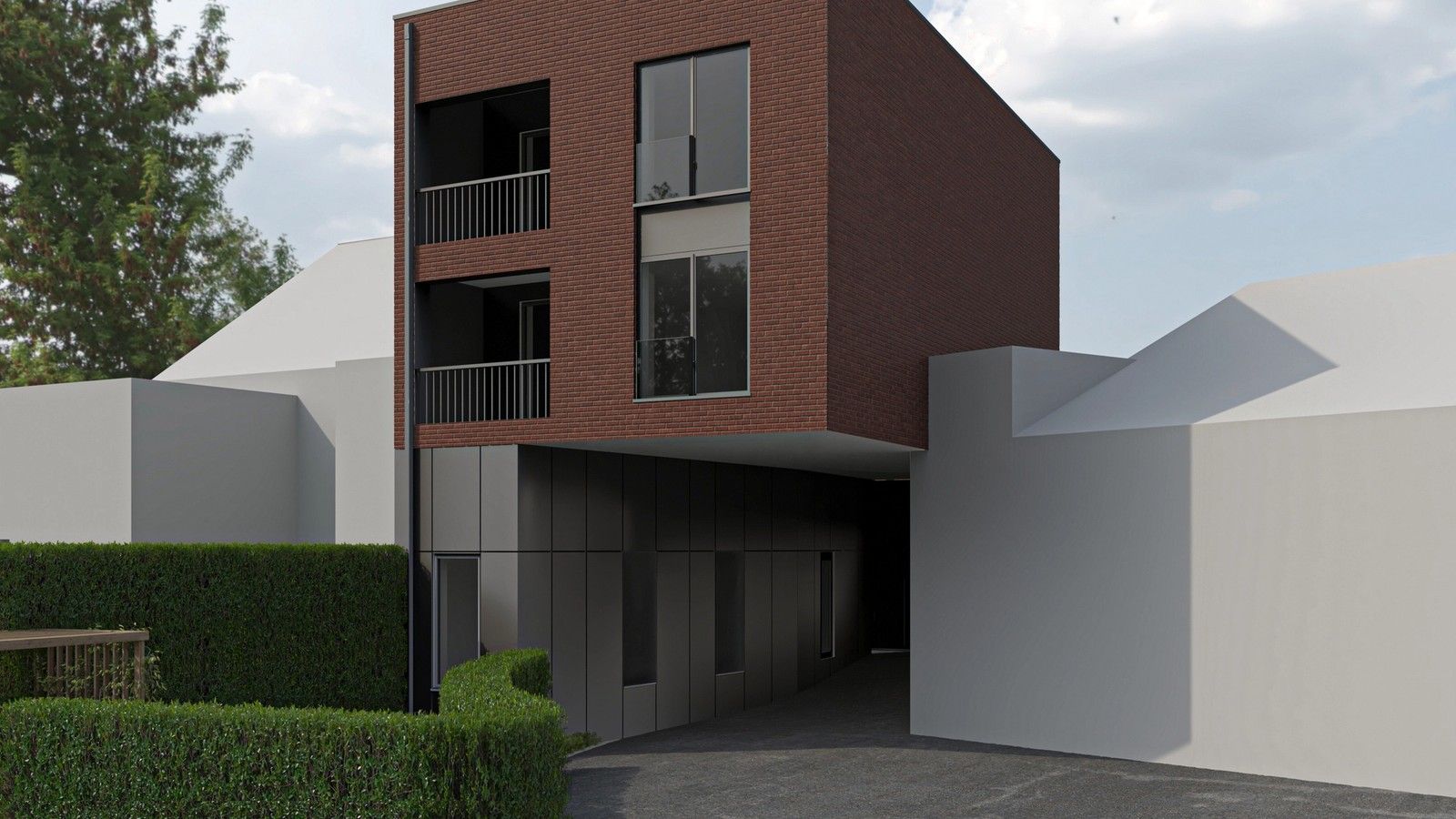Vue en perspective d’un immeuble résidentiel transformé à Grivegnée, avec façade en briques rouges, socle anthracite, balcons en retrait et passage couvert au rez-de-chaussée.