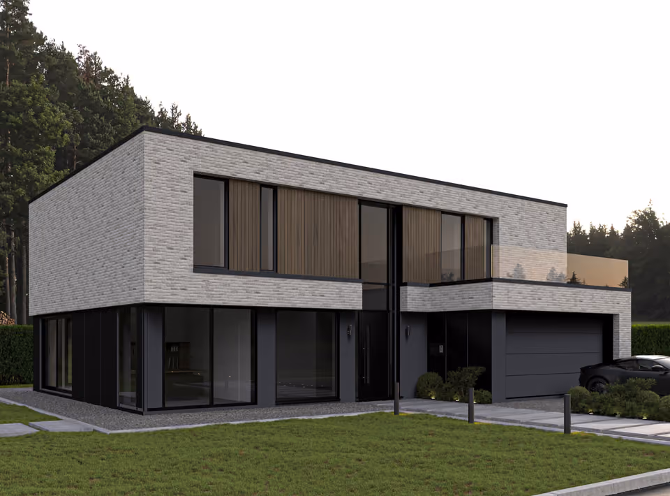 Maison à toit plat en brique claire, avec bardage bois et garage double.