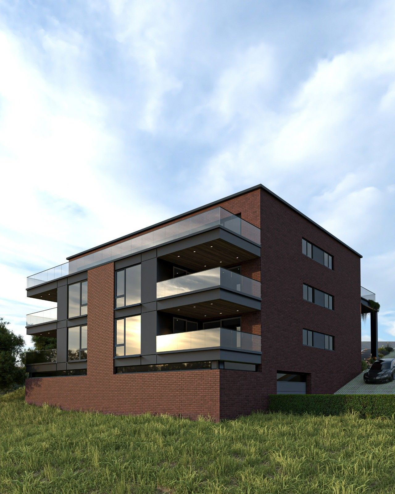 Vue en perspective de la façade arrière d’un immeuble à Pepinster, avec briques rouges, panneaux anthracite et terrasses superposées à garde-corps vitrés.