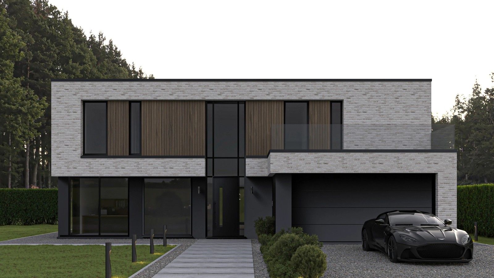 Façade avant d’une maison unifamiliale contemporaine à Juprelle, avec briques claires, bardage bois, châssis noirs et garage intégré.