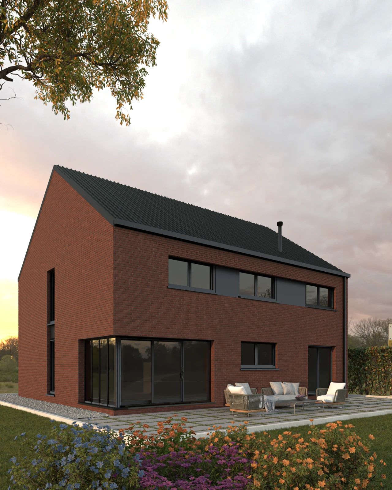 Vue extérieure en rendu 3D d’une maison individuelle à Clavier, illustrant l’implantation et les proportions de la construction neuve.
