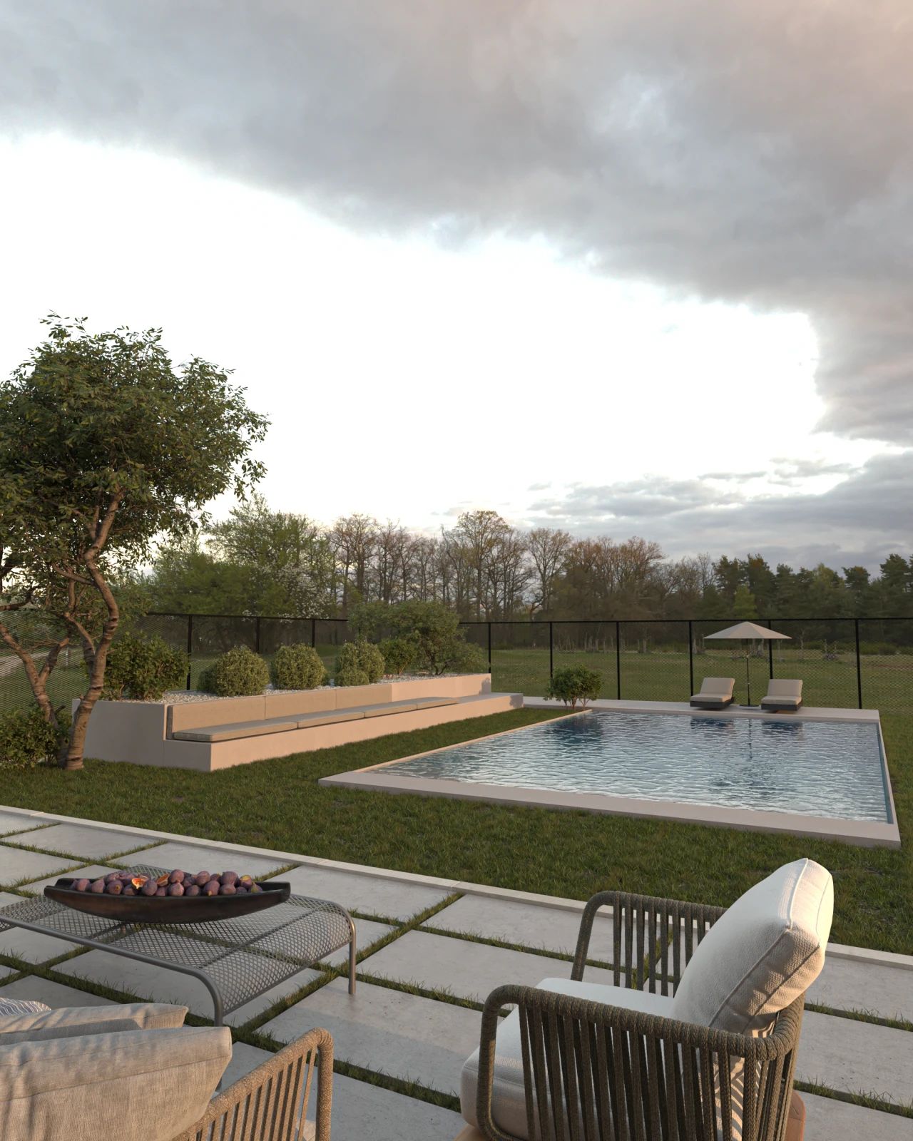 Rendu 3D de l’aménagement extérieur d’une maison contemporaine à Clavier, avec piscine, transats, terrasse, plantations et jardin paysager.