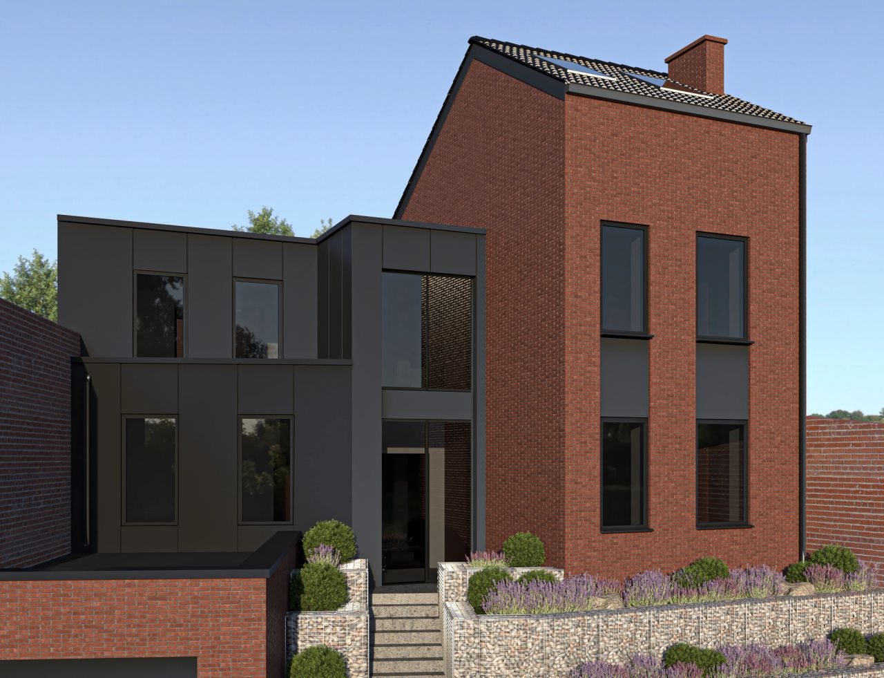 Perspective de l’extension contemporaine d’une maison unifamiliale à Herstal, avec panneaux foncés, briques rouges et aménagement paysager en gabions.
