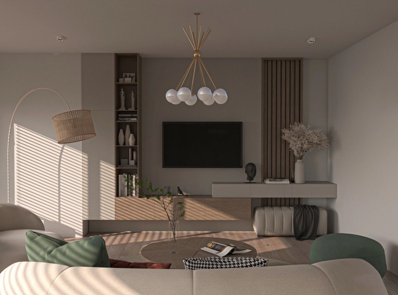 Vue intérieure du séjour d’un appartement rénové à Saint-Nicolas, avec meuble TV sur mesure, rangements intégrés, panneaux bois verticaux et mobilier contemporain aux tons neutres.