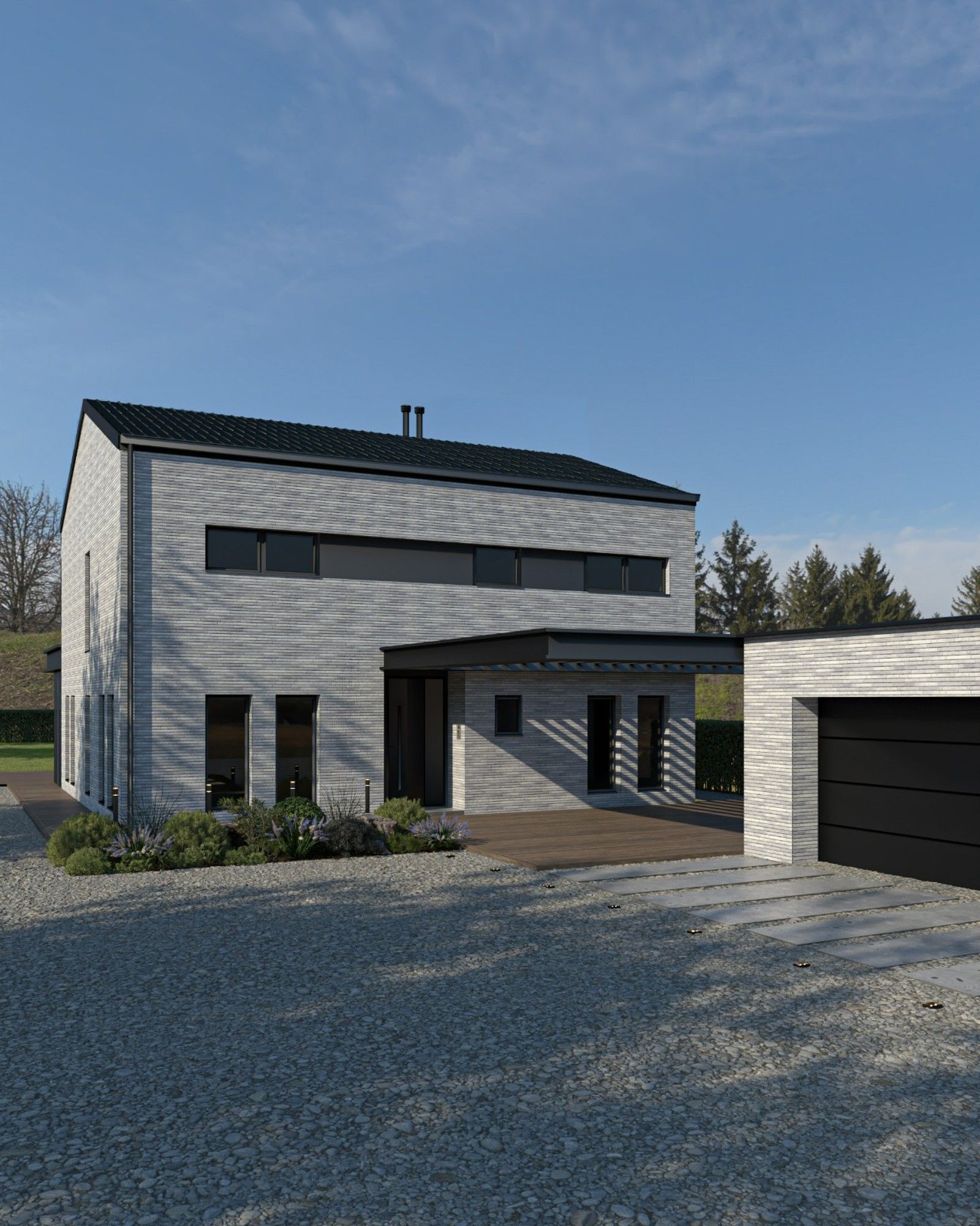 Vue en perspective de la façade avant d’une maison contemporaine à Awans, avec briques claires, menuiseries noires, carport et garage indépendant.