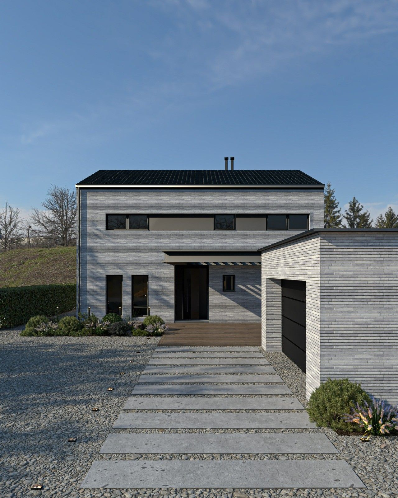 Vue frontale de la façade avant d’une maison unifamiliale à Awans, avec cheminement en dalles, entrée couverte, carport et garage indépendant.