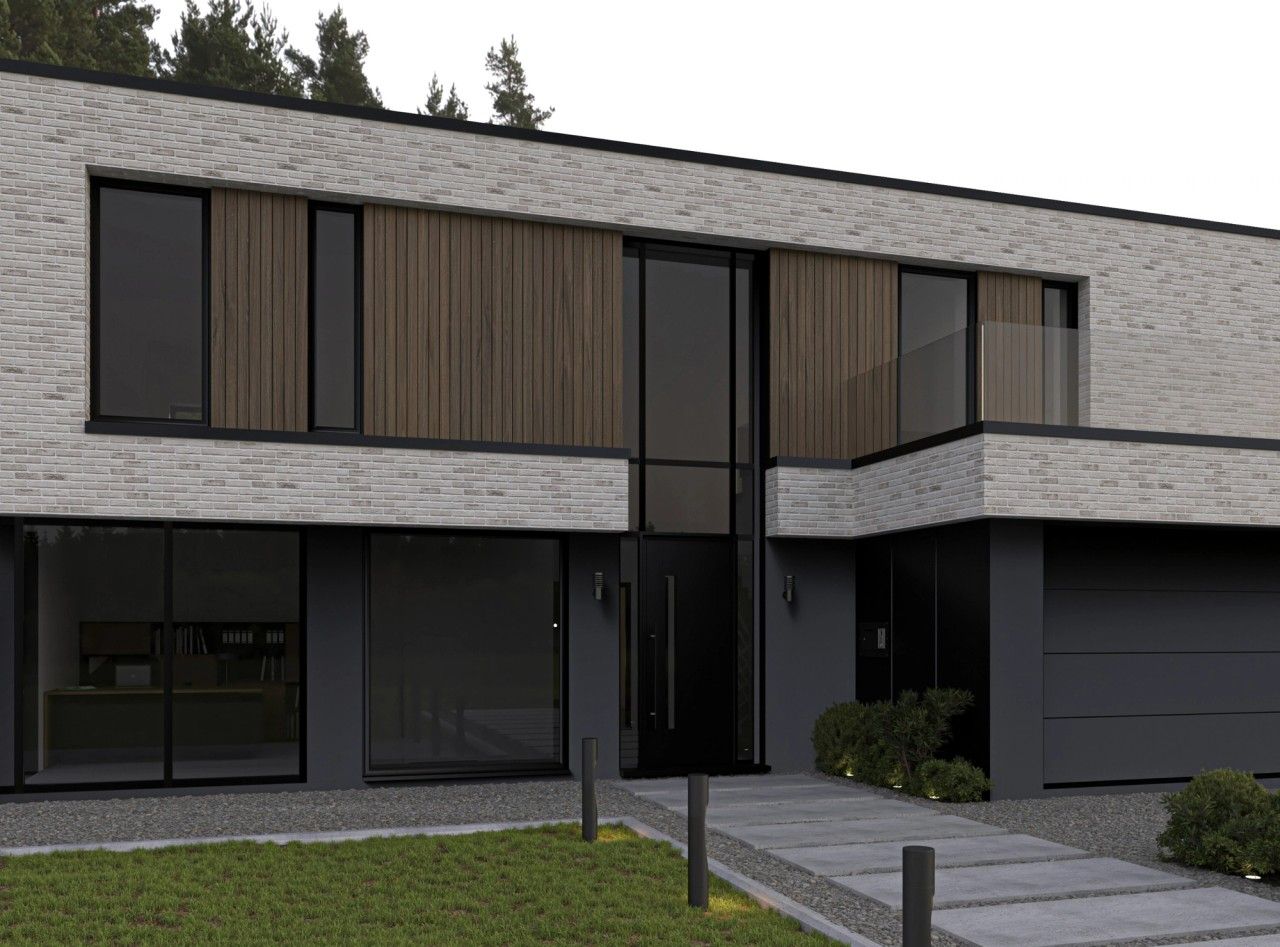 Détail de l’entrée d’une maison contemporaine à Juprelle, avec briques claires, bardage bois vertical, châssis noirs et cheminement minéral.