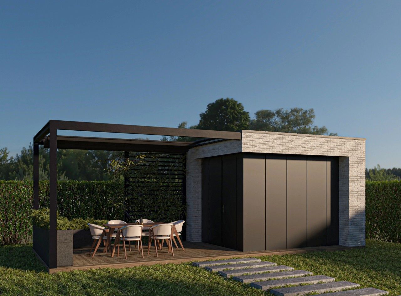 Abri de jardin contemporain à Oupeye avec parement en briques claires, panneaux foncés et terrasse couverte par une pergola ouverte sur le jardin.