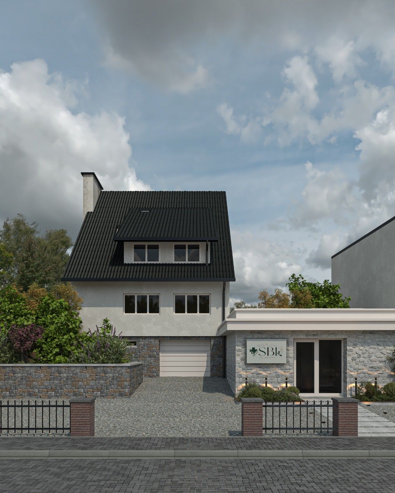 Vue frontale depuis la rue du projet à Flémalle, avec maison rénovée en crépi clair, toiture sombre et institut de soins indépendant en pierre naturelle.