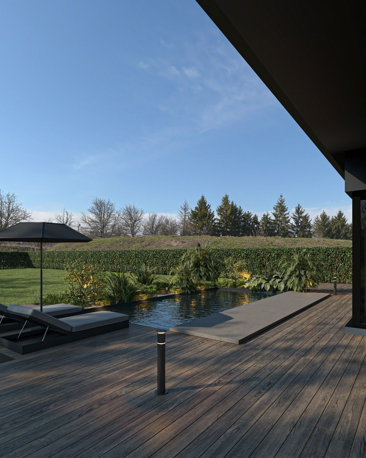 Terrasse en bois et piscine d’une maison contemporaine à Awans, bordées de plantations paysagères et d’un espace de détente extérieur.