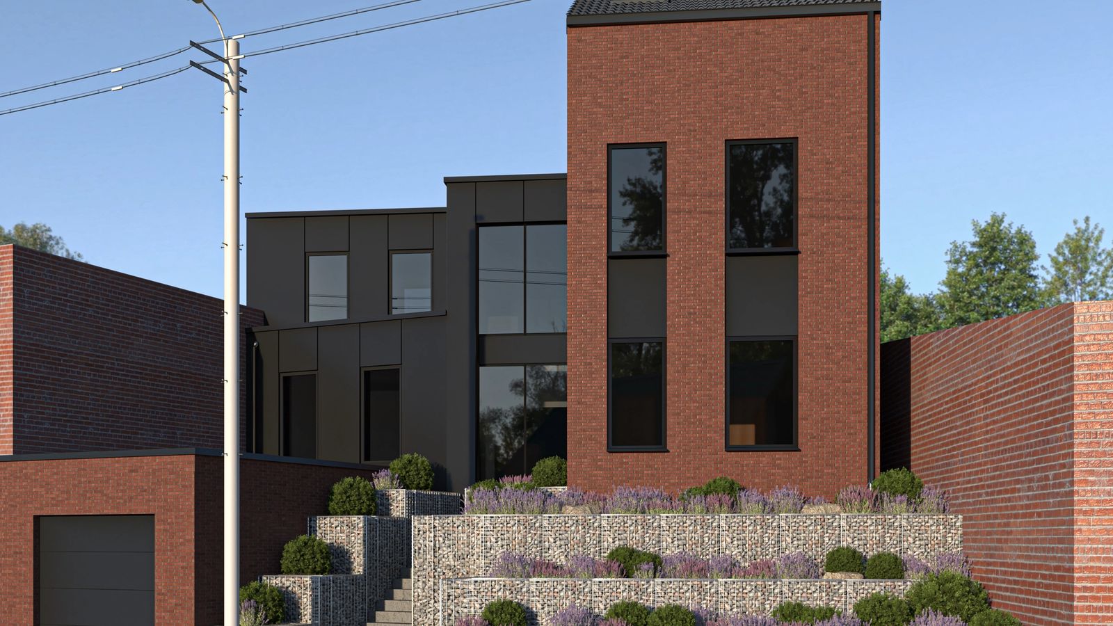 Vue depuis la rue d’une maison rénovée et agrandie à Herstal, associant façade en briques rouges, extension contemporaine sombre et jardin en gradins.