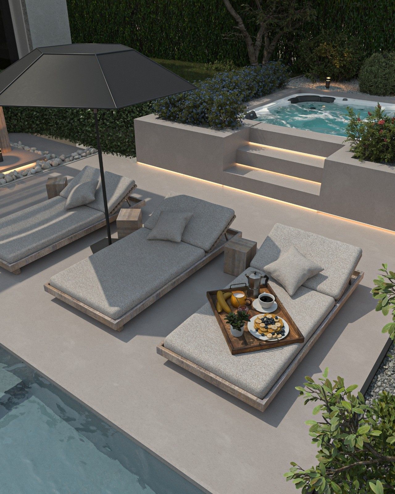 Vue rapprochée de l’espace détente autour de la piscine à Flémalle, avec bains de soleil, parasol, terrasse minérale et spa surélevé intégré au jardin.