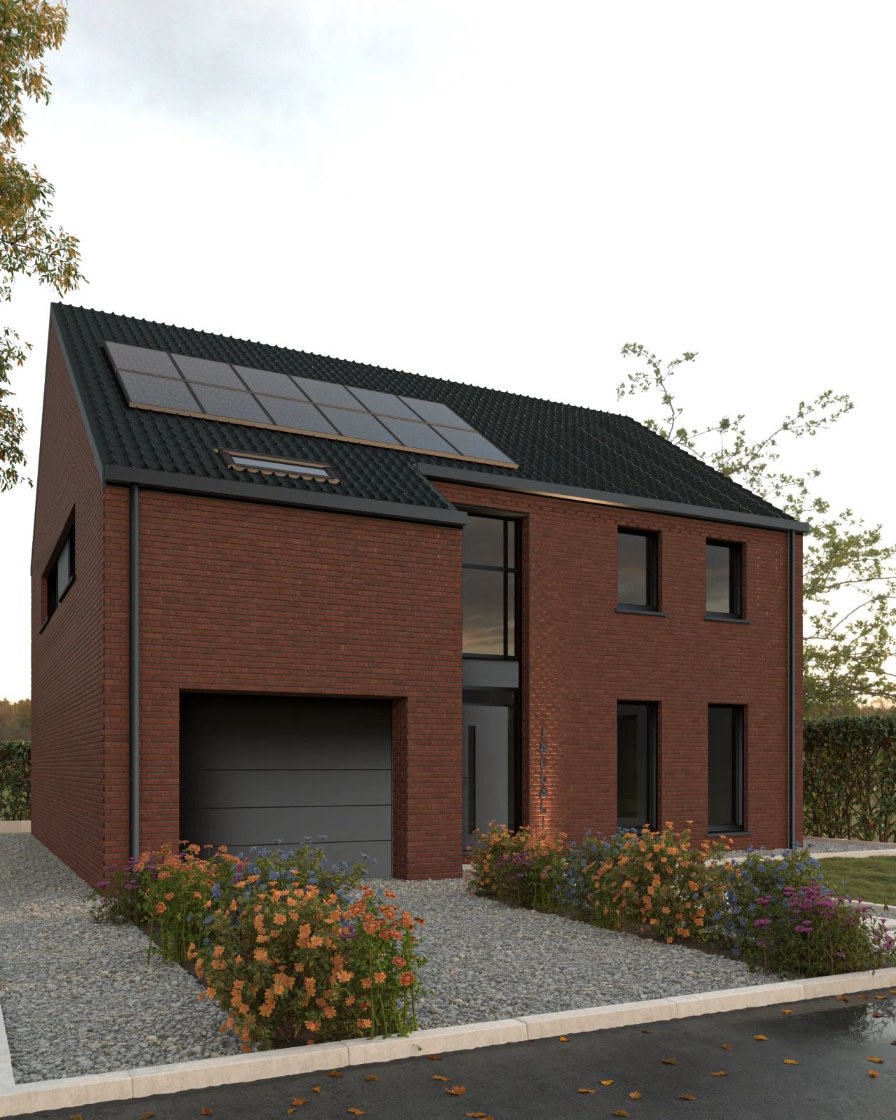 Rendu architectural extérieur d’une maison neuve à Clavier, présentant la composition des volumes et une toiture à deux versants.