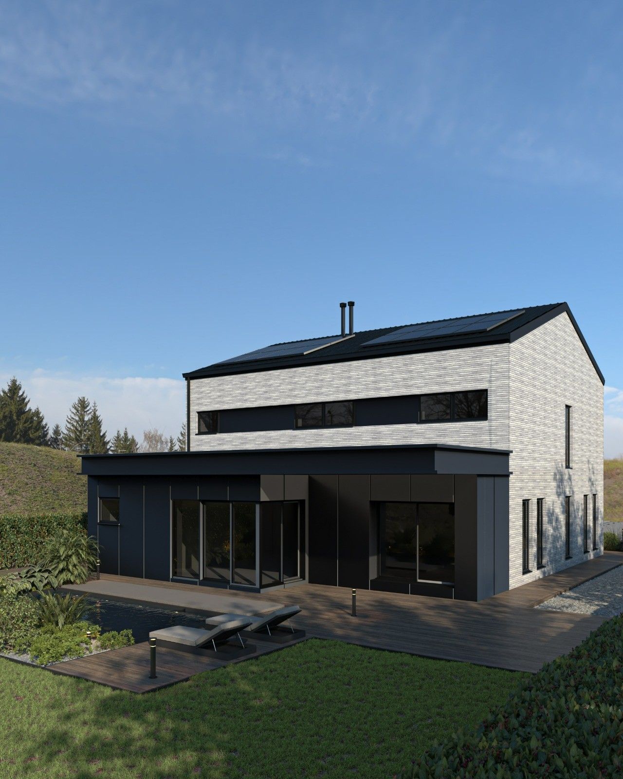 Façade arrière d’une maison contemporaine à Awans, avec volume sombre au rez-de-chaussée, terrasse en bois, piscine et panneaux photovoltaïques en toiture.