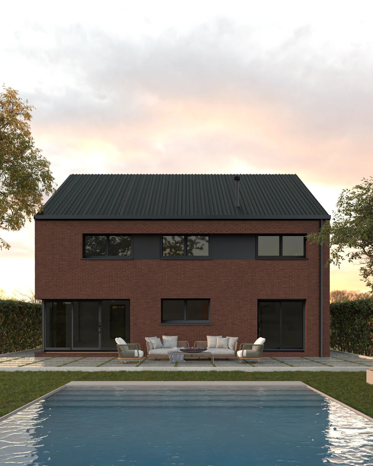 Visualisation architecturale d’une maison neuve à Clavier, mettant en valeur les ouvertures et la composition des façades en briques.