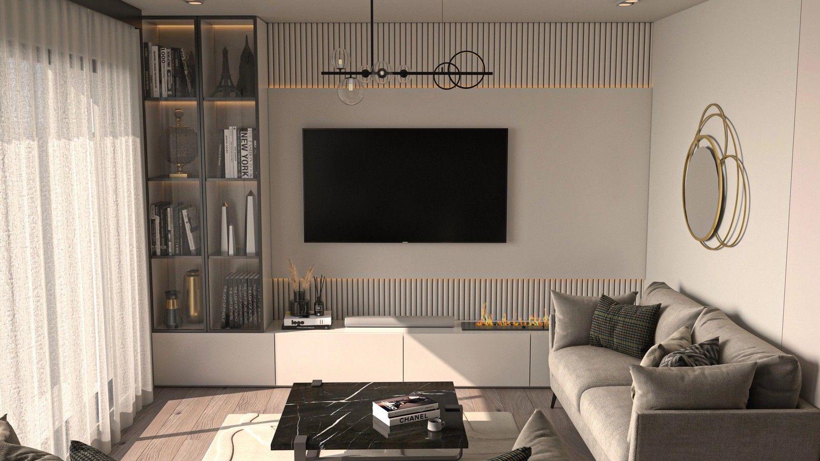 Vue intérieure d’un séjour contemporain avec deux canapés, meuble TV sur mesure, étagère rétroéclairée, cheminée linéaire et grandes tentures filtrant la lumière naturelle.