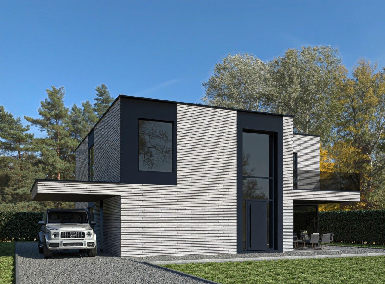 Vue en perspective d’une maison unifamiliale contemporaine neuve à Jupille-sur-Meuse, Liège, mettant en valeur les volumes architecturaux et les façades en briques grises.