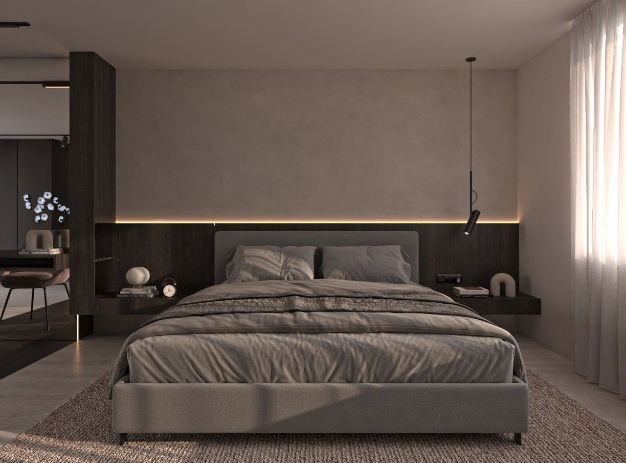 Chambre parentale contemporaine avec lit double, tête de lit en bois foncé et éclairage indirect.