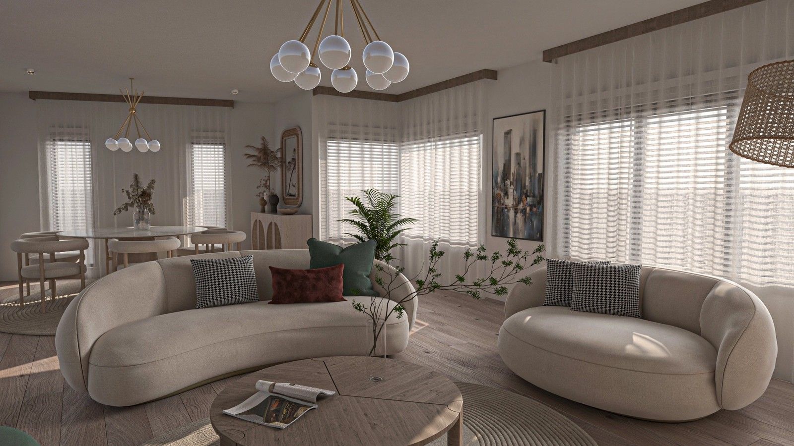 Vue intérieure d’un appartement rénové à Saint-Nicolas, avec salon contemporain aux canapés arrondis, salle à manger ouverte, parquet en bois et larges fenêtres baignées de lumière naturelle.