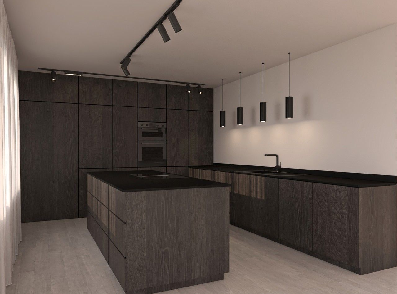 Cuisine contemporaine avec îlot central, façades en bois foncé et plan de travail noir.