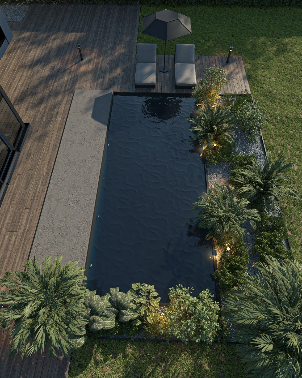 Vue en plongée de la piscine d’une maison à Awans, avec terrasse en bois, bains de soleil et plantations paysagères autour du bassin.