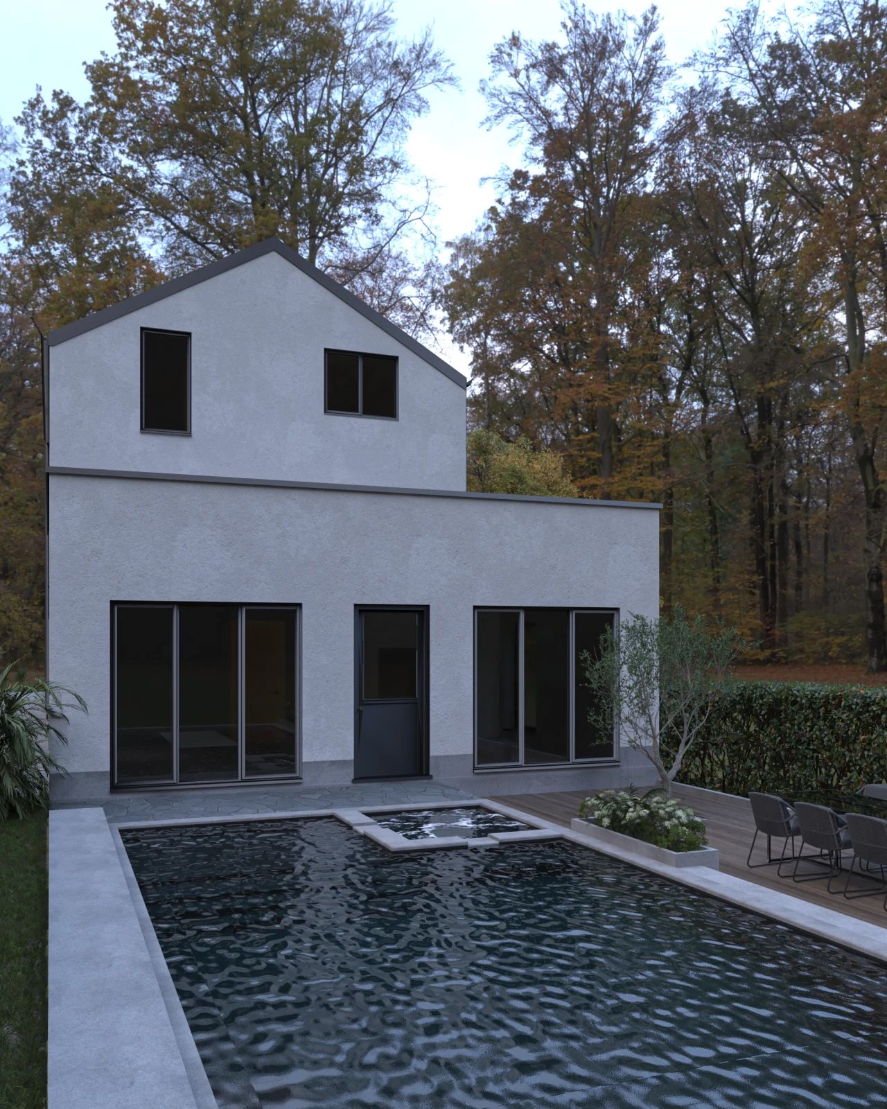 Rendu 3D oblique de la façade arrière d’un immeuble résidentiel à Hamme, montrant la piscine, la terrasse et les nouvelles ouvertures vers le jardin.