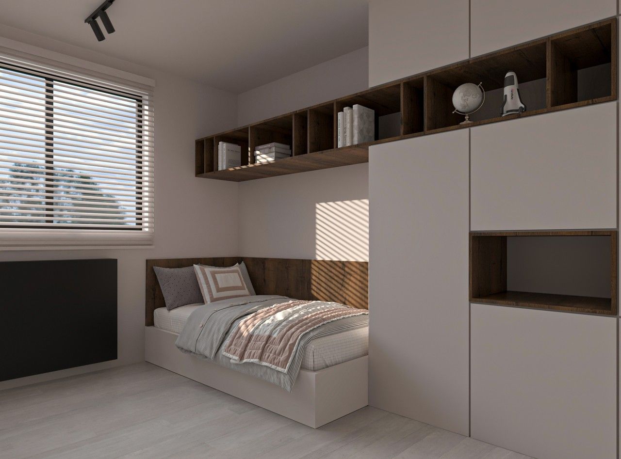 Vue d’une chambre d’enfant aménagée sur mesure à Herstal, avec lit intégré, rangements toute hauteur, niches ouvertes et finitions en bois.