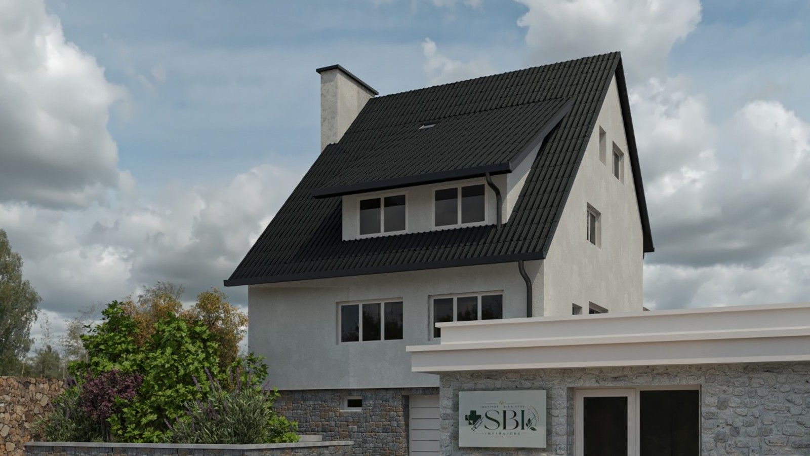 Vue à rue du projet de rénovation et d’extension à Flémalle, avec maison existante modernisée et volume professionnel en pierre naturelle.