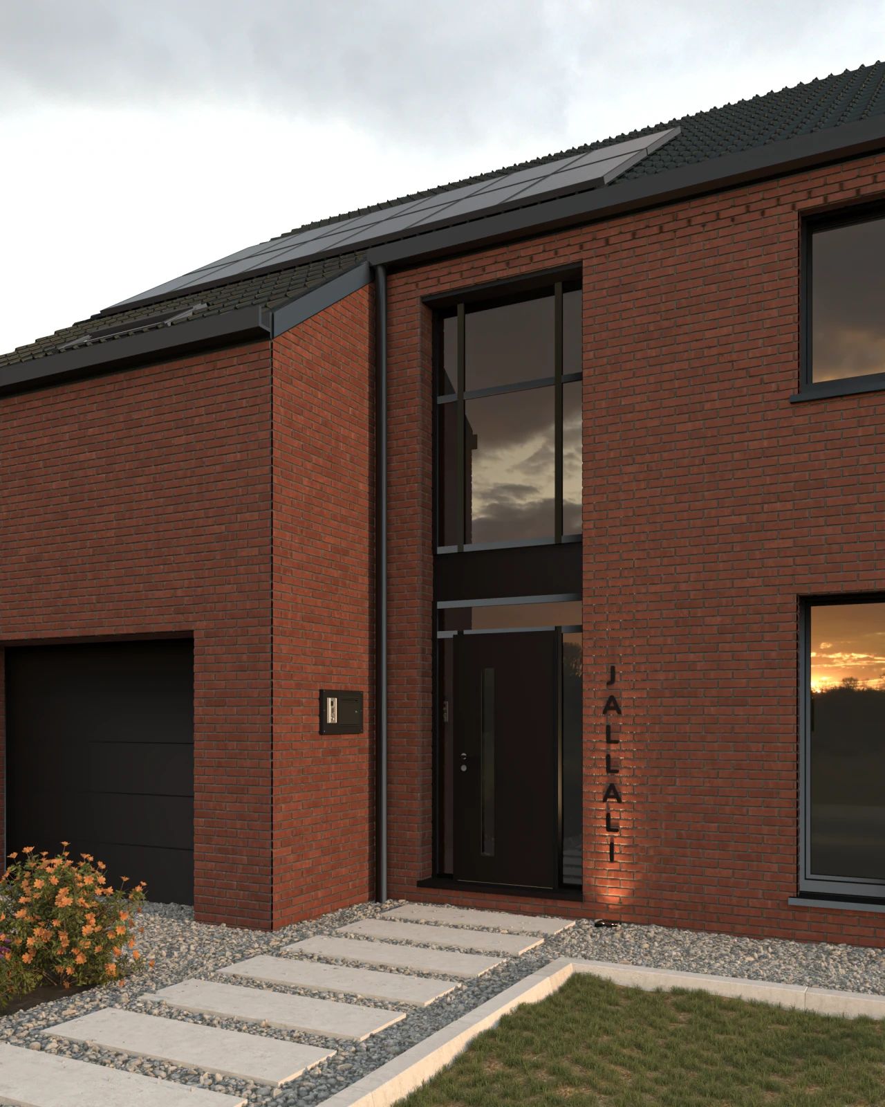Perspective 3D d’une nouvelle habitation quatre façades à Clavier, associant parement en briques et châssis aluminium gris foncé.