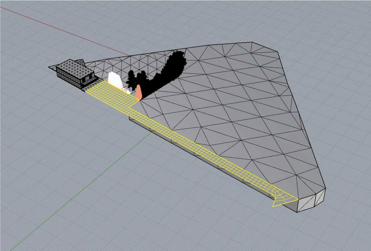 Modélisation 3D du terrain à Oreye avec bâtiments, végétation et grille d’analyse utilisée pour l’étude d’ensoleillement.