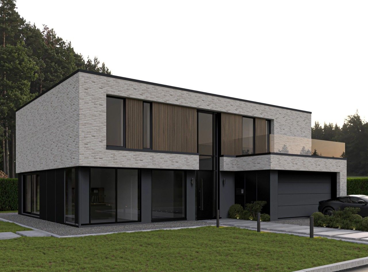Vue en perspective d’une maison unifamiliale contemporaine à Juprelle, avec briques claires, bardage bois, grandes baies vitrées et garage intégré.