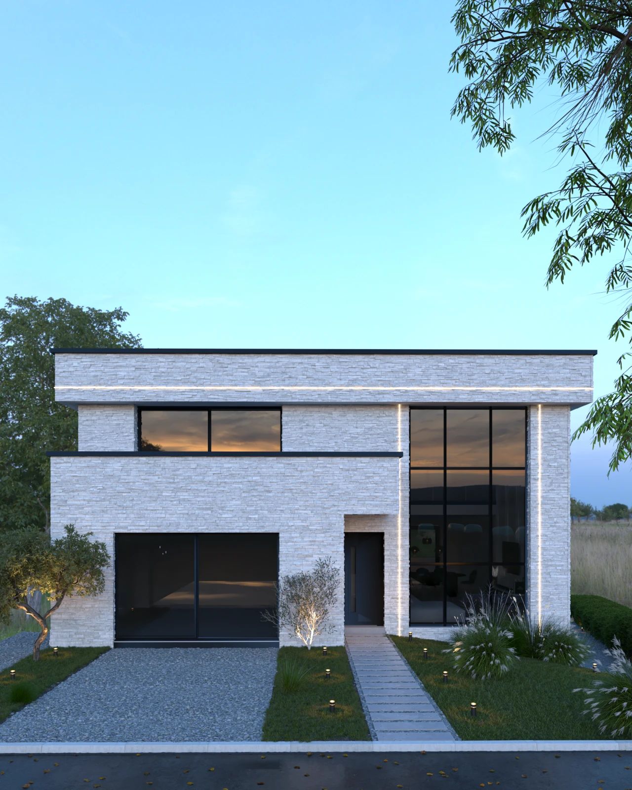 Vue frontale de la façade avant d’une maison contemporaine à Tongeren-Borgloon, avec parement clair, entrée centrale, large vitrage vertical et jardin paysager.