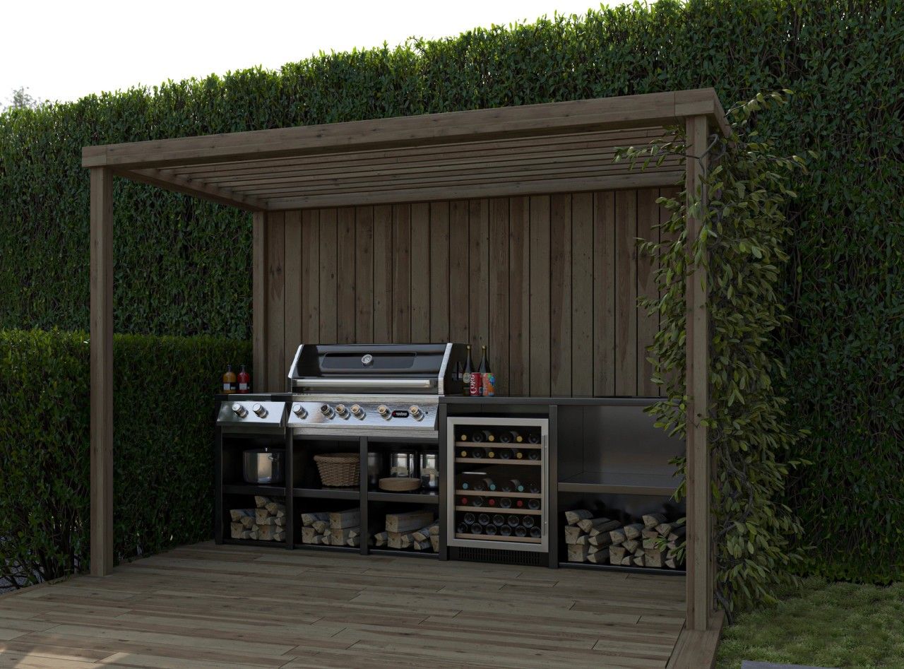 Cuisine extérieure aménagée sous une pergola en bois à Grivegnée, avec barbecue intégré, rangements et végétation périphérique.