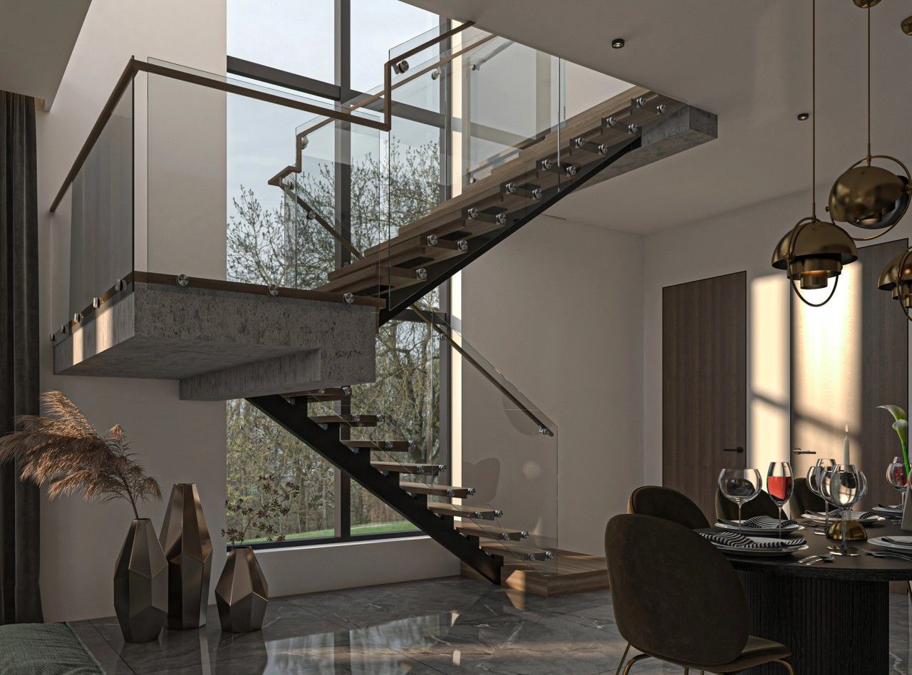 Vue de l’escalier intérieur d’un appartement duplex à Verviers, avec marches en bois, structure métallique noire, garde-corps vitrés et grande baie verticale.