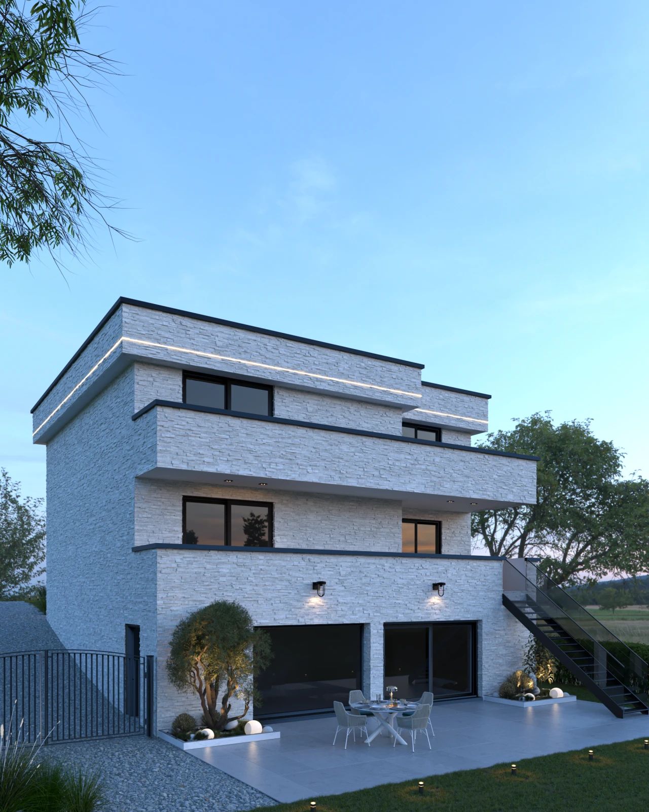 Vue en perspective de la façade arrière d’une maison transformée à Tongeren-Borgloon, avec terrasses superposées, grandes baies vitrées et escalier extérieur métallique.