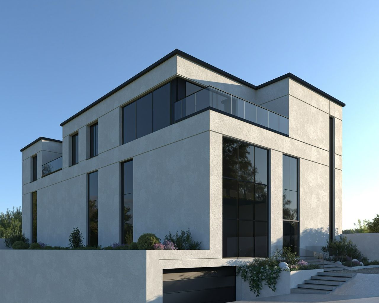 Vue latérale du concept initial d’un complexe multifonctionnel à Liège, avec volumes en crépi clair, grandes baies vitrées, terrasse en étage et garde-corps en verre.