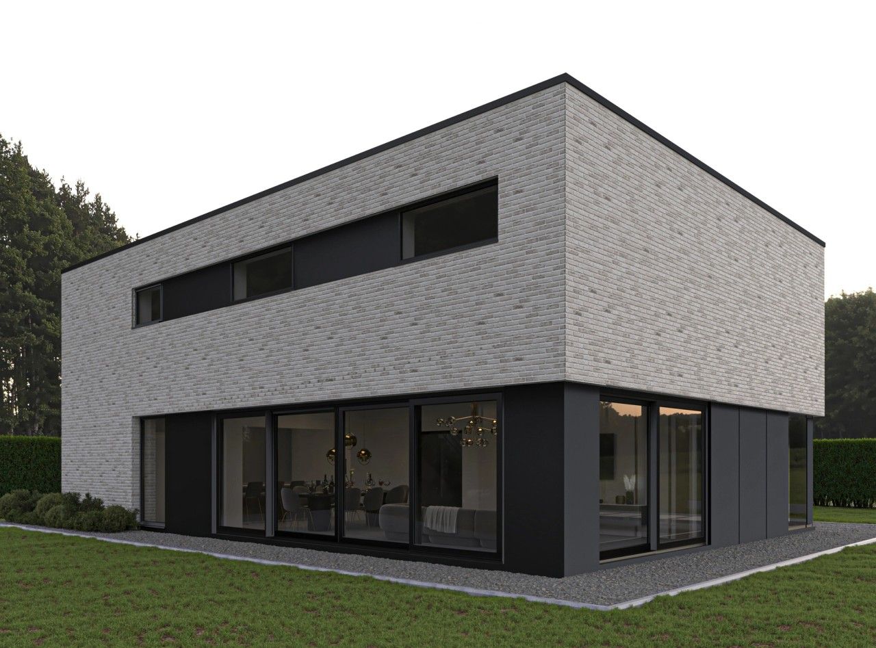 Façade arrière d’une maison unifamiliale contemporaine à Juprelle, avec briques claires, grandes baies vitrées, panneaux anthracite et toiture plate.