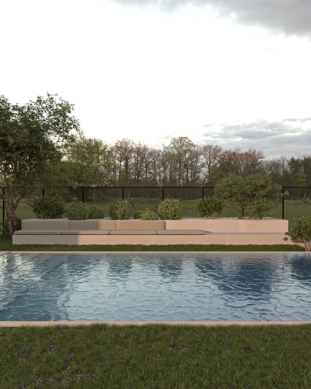 Vue rapprochée en rendu 3D de la piscine d’une maison à Clavier, avec bassin rectangulaire, longue banquette intégrée, jardinières et aménagement paysager.