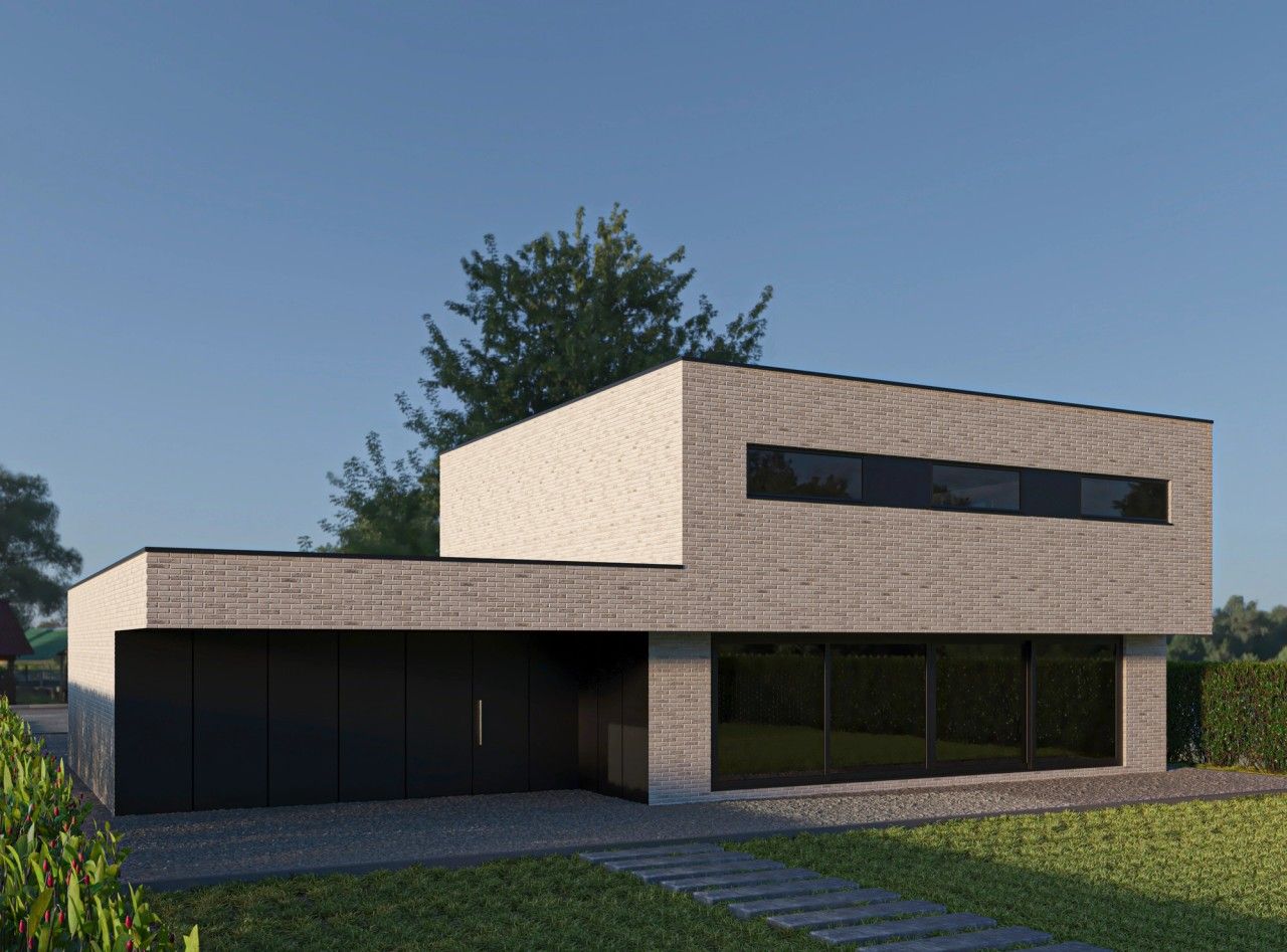 Façade côté jardin d’une maison contemporaine neuve à Oupeye, avec parement en briques claires, larges baies vitrées et volume supérieur aux lignes horizontales.
