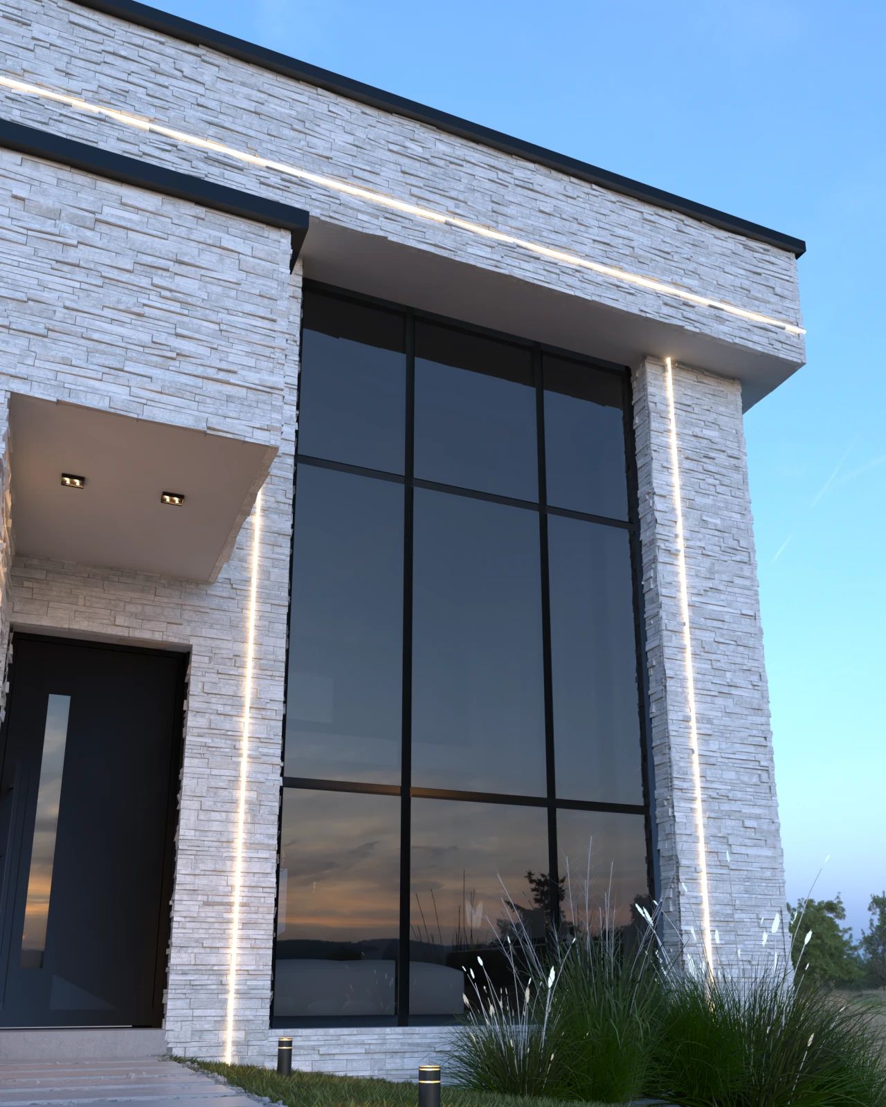 Détail architectural de la façade avant à Tongeren-Borgloon, avec grande baie vitrée toute hauteur, brique claire, menuiseries noires et éclairage intégré.