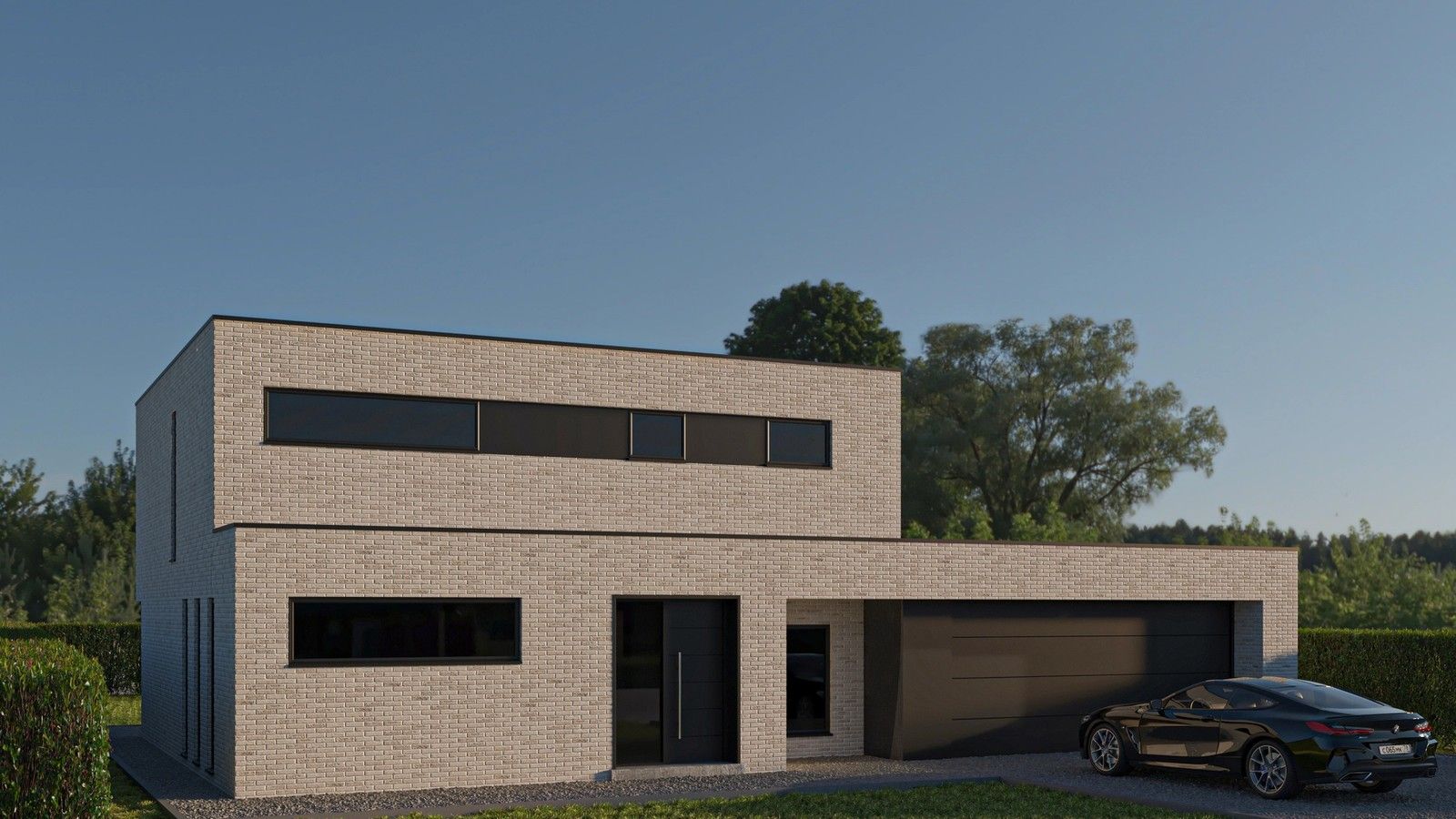 Vue de la façade avant d’une maison contemporaine neuve à Oupeye, avec briques claires, panneaux foncés, toiture plate et garage intégré.