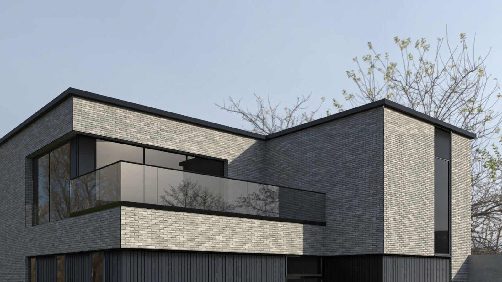 Vue rapprochée de l’entrée d’un bâtiment mixte à Liège, avec briques gris clair, bardage vertical anthracite et terrasse à garde-corps vitré.