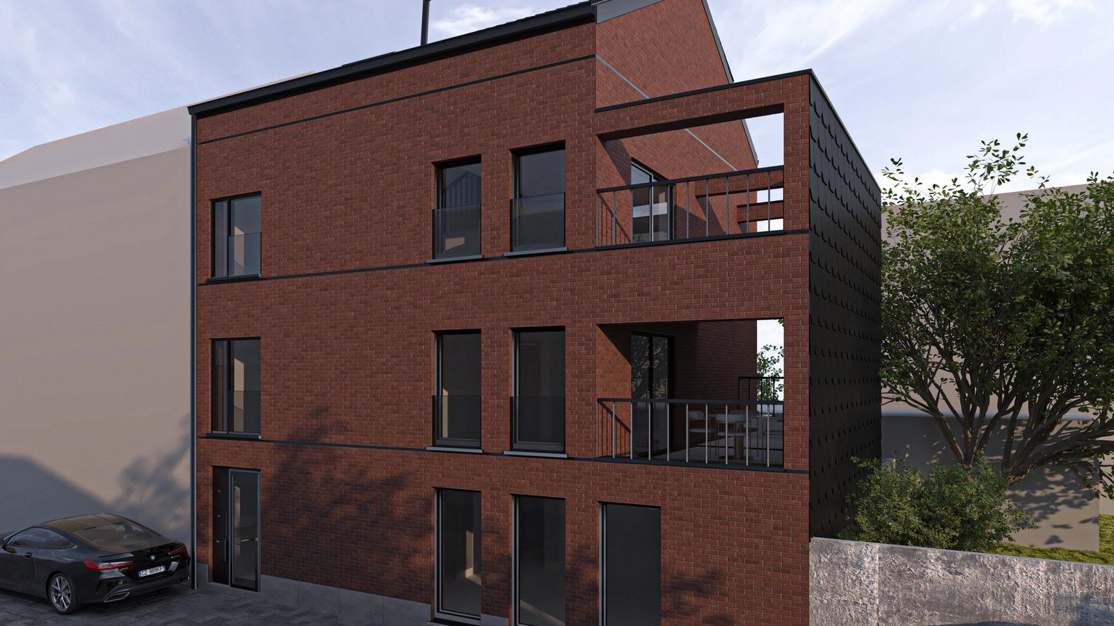 Vue en perspective d’un immeuble neuf de 3 appartements à Verviers, avec façade en briques rouges, châssis noirs et terrasses intégrées.